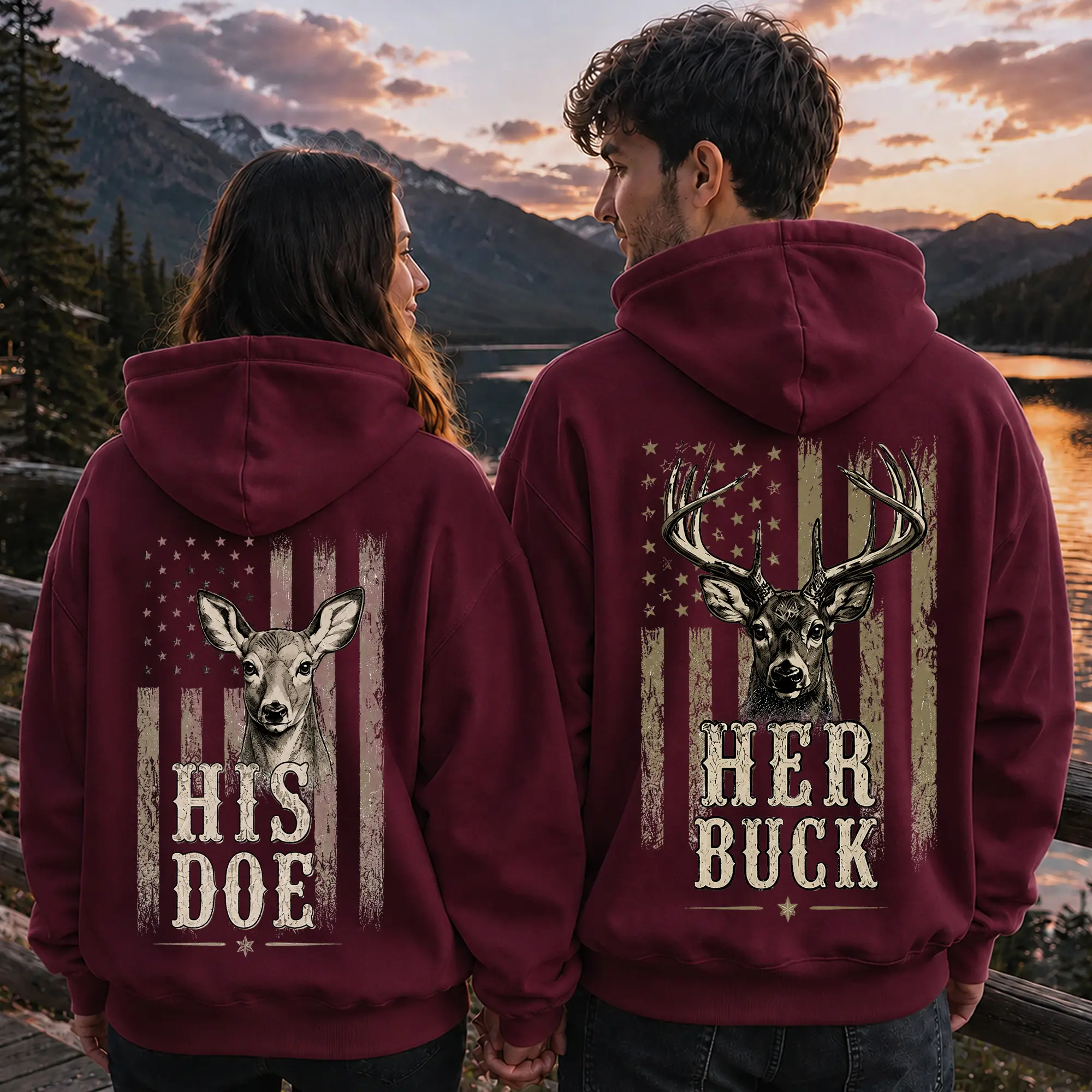 His Doe Her Buck Couple Hoodie, Deer Couple Graphic Hoodie, Buck and Doe Hunting Hoodie, Funny Outdoor Couple Pullover, Rustic Fall Hoodie, Anniversary Gift for Couples