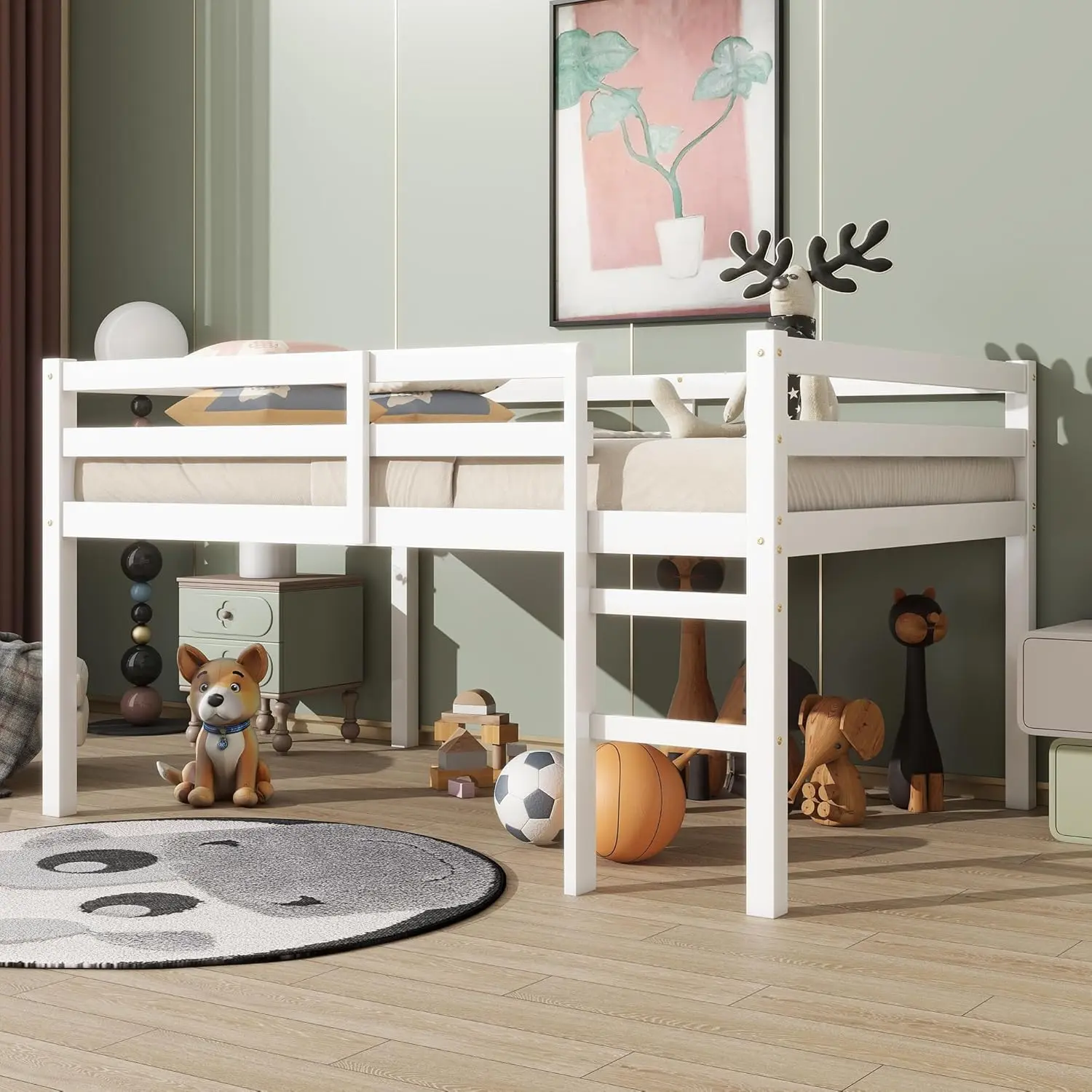 Full Size Kids Low Loft Bed with Ladder & Large Under-Bed Space, Wood Full Low Loft Bed with Guardrail, for Kids Boys Girls, Space Saving, Wood Slat Support， White