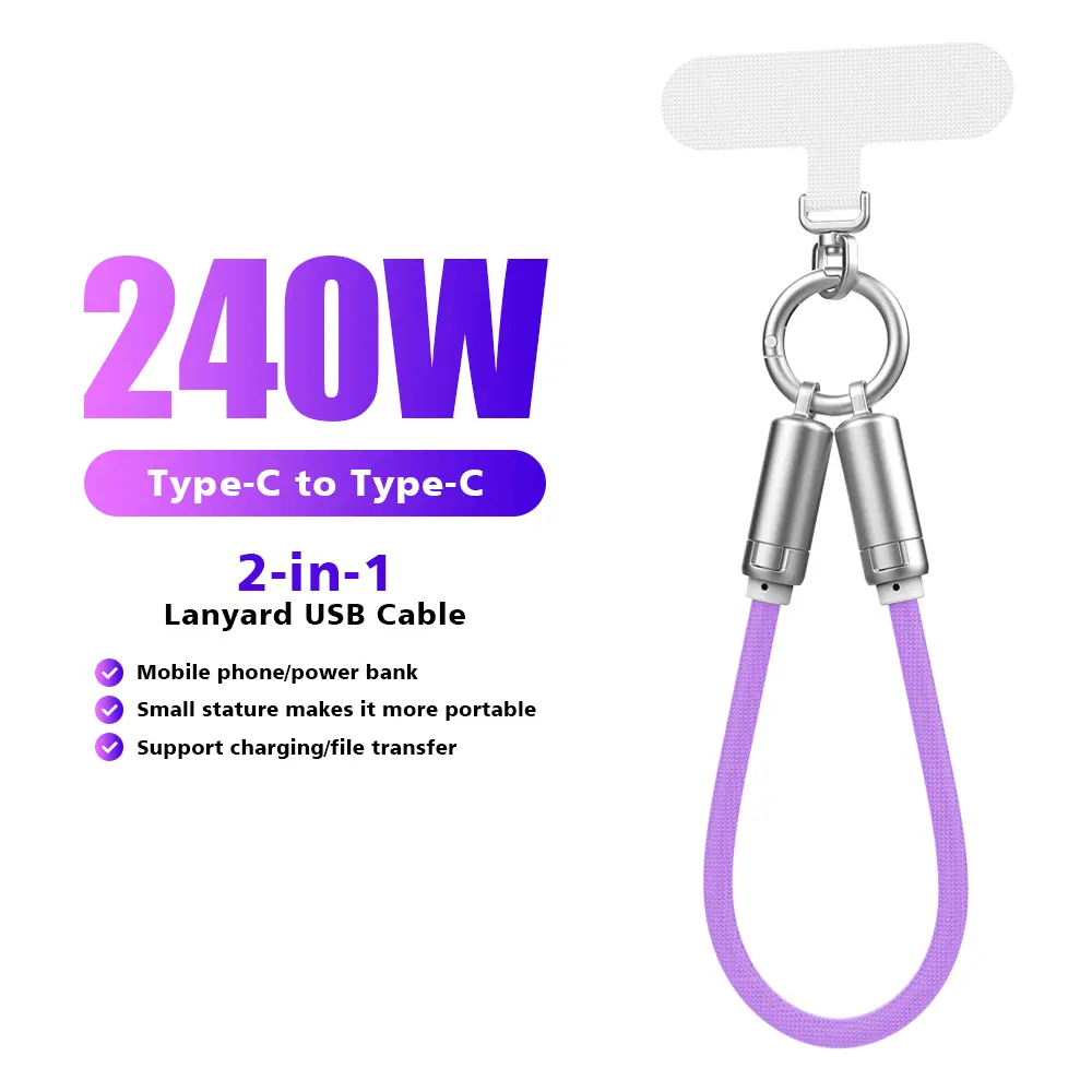 240W Aesthetic 2-in-1 Zinc-Alloy Lanyard Data Cable - 5mm Ultra-Slim Nylon Braided Charging Cable, Dual Compatible for Mobile Devices, Laptop (Newest Generation)