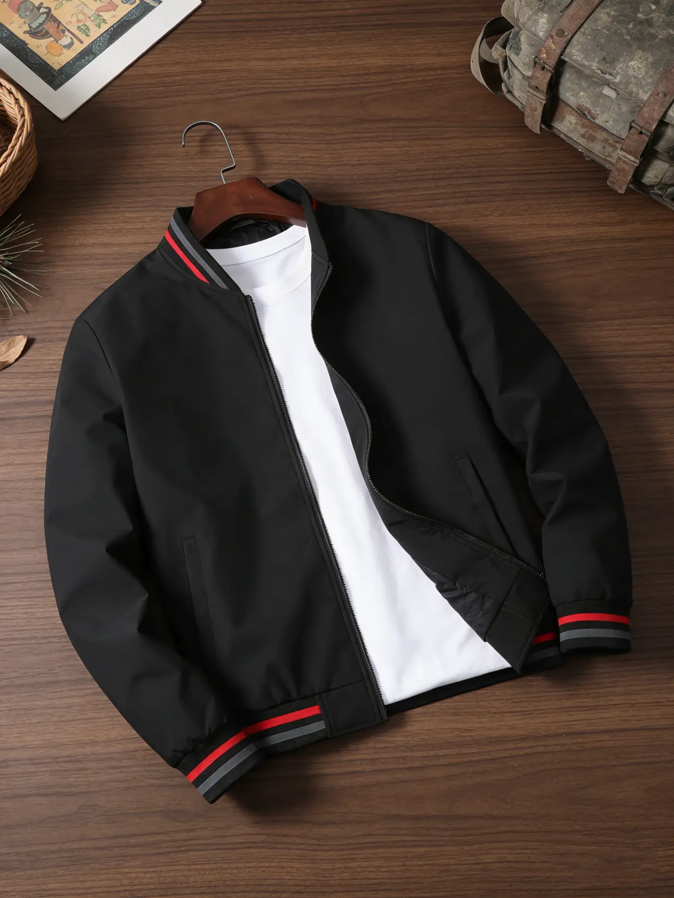 Men's Color-Block Sports Jacket, Ribbed Windproof Baseball Style Outerwear, Long Sleeve Zip Up with Durable Fabric, Anti-Stuck Zipper Men's Sports Jacket, Durable Fabric Men's Sports Jacket