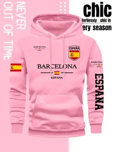 Men's Barcelona Print Hoodie, Long Sleeve Pullover, Front Pocket, Fall & Winter Streetwear, Comfortable Casual Fashion