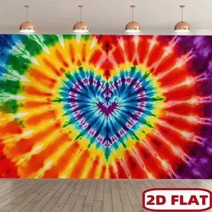 1pc 2D Rainbow Tie-Dye Heart Banner, Vibrant Gradient Colors & Radial Tie-Dye Texture, Central Heart for Warm Vibe, Retro Hippie Style, Perfect for Music Festival / Peace Event / Retro Gathering & Valentine's Day Decor Backdrop