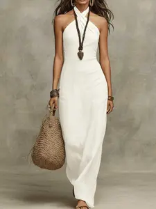 Summer Women's Slim Fit Fashion Chic Sexy Solid Sleeveless Cross Neck Dress, Comfortable Soft Fabric, Casual Professional Elegant Style