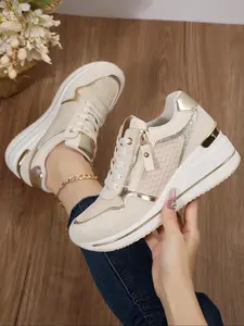 Fashionable Glittering Zipper Design Sneakers, Casual Comfortable Breathable Athletic Sports Shoes, Female All-match Round Toe Chunky Sneakers for Daily Wear, Stylish Sneaker, Thick Soled Sneakers, Trendy Walking Sneakers