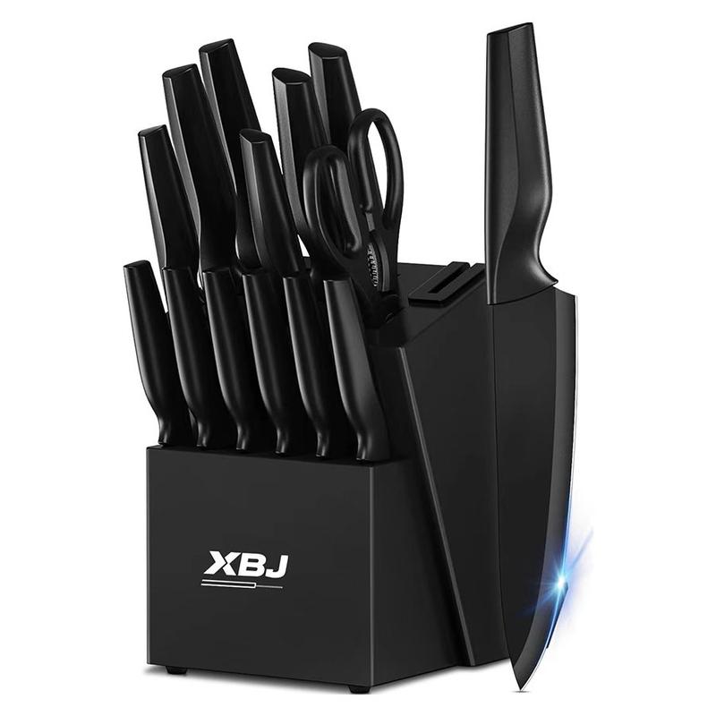 XBJ Knife Set with Knife Block, 15-Piece Rainbow Titanium Knife Block Set, Cooking Steak Knife Set with Black Handles.