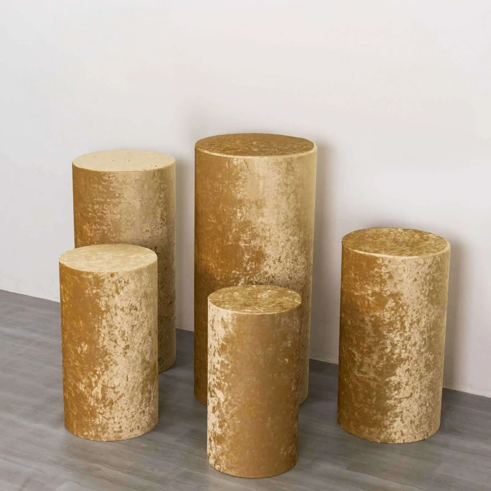 5-Piece Champagne Crushed Velvet Cylinder Pedestal Stand Decorative Covers, Premium Pillar Prop Dust Covers for Home Supplies, Decorative Cover