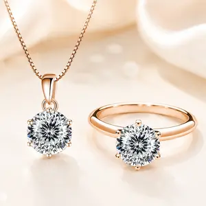 Glahty Jewelry 1CT+1CT D Color Moissanite Necklace & Ring Set, S925 Sterling Silver Six-Prong Pendant, 18K Gold Plated, Elegant Jewelry Gift for Women