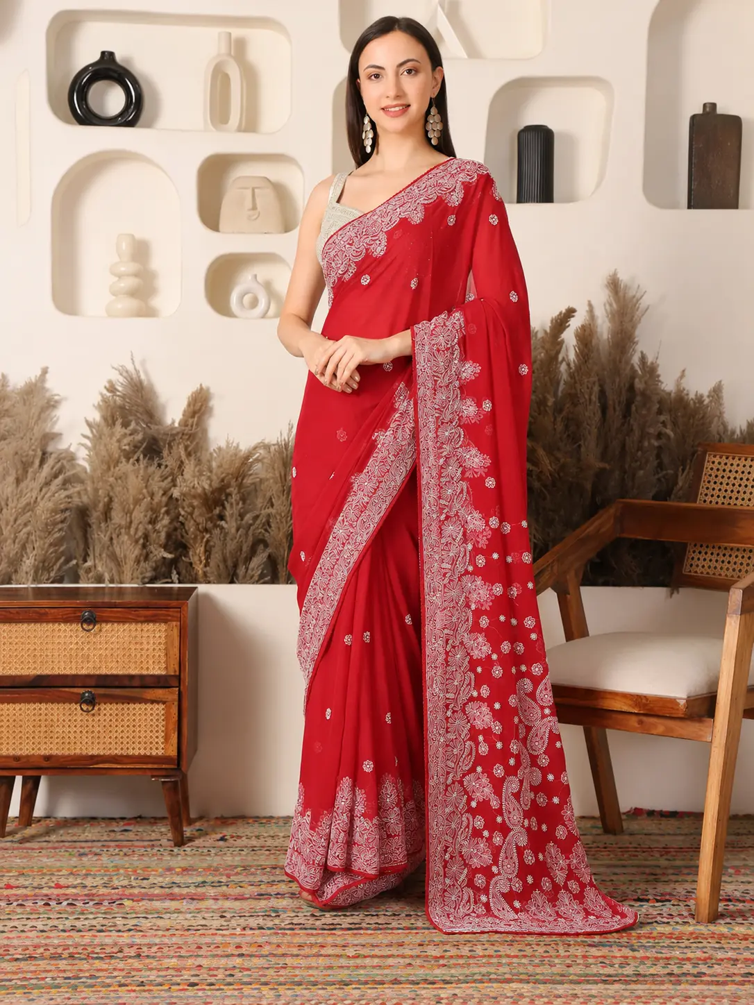 Nagma Georgette Red Saree with Mukaish