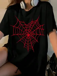 Women's Casual Loose-Fit Round Neck Knit T-Shirt, Spider Silk & Heart Print, Halloween Top, Comfortable Fashionable Daily Wear