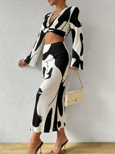 Two piece set of fashionable Chic European and American style spicy girl with cow pattern, twisted V-neck long sleeved top+high waisted skirt, suitable for all seasons, suitable for home, indoor, and outdoor wear, Womenswear