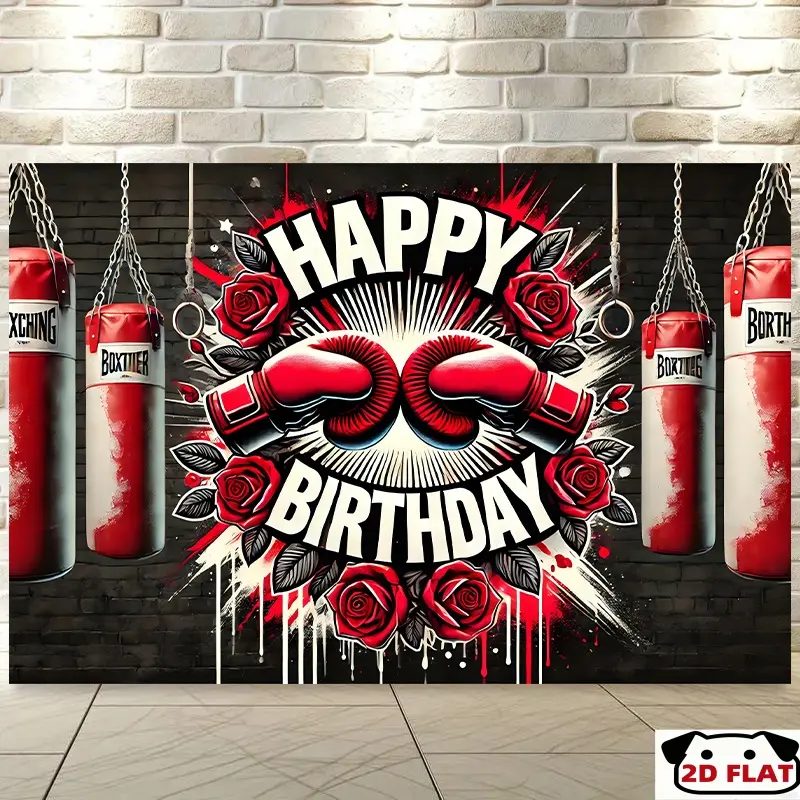 2D Flat Banner 1pc, Classic Boxing Themed Birthday Backdrop Banner -   Wall Covering, Red & Black Decor Boxing Gloves, Roses, "Happy Birthday" Design, Perfect Parties, Office, Outdoor Events, No Electricity