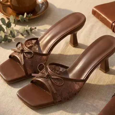 Women's Lace Bow Kitten Heel Mules Coquette Square Toe Slip-On Heeled Sandals dressy sandals Vintage Elegant Summer Backless Dress Shoes chic summer footwear for Party Daily