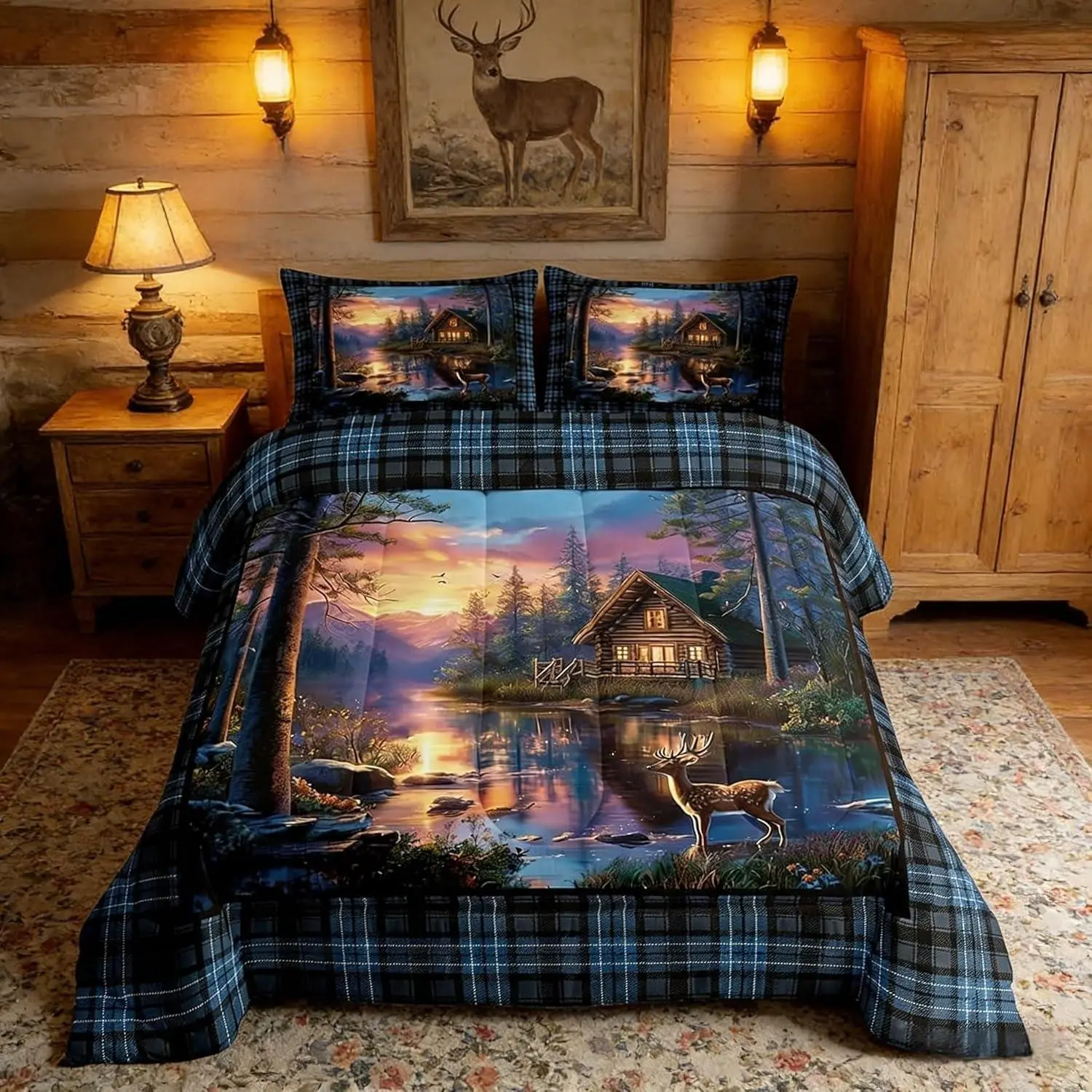 Hunting Cabin Comforter Set,Wild Deer Animal Natural Lake Lodge Bedding Set Women Adult,Blue Checkered Grid Rustic Farmhouse Luxury Bed Duvet Insert