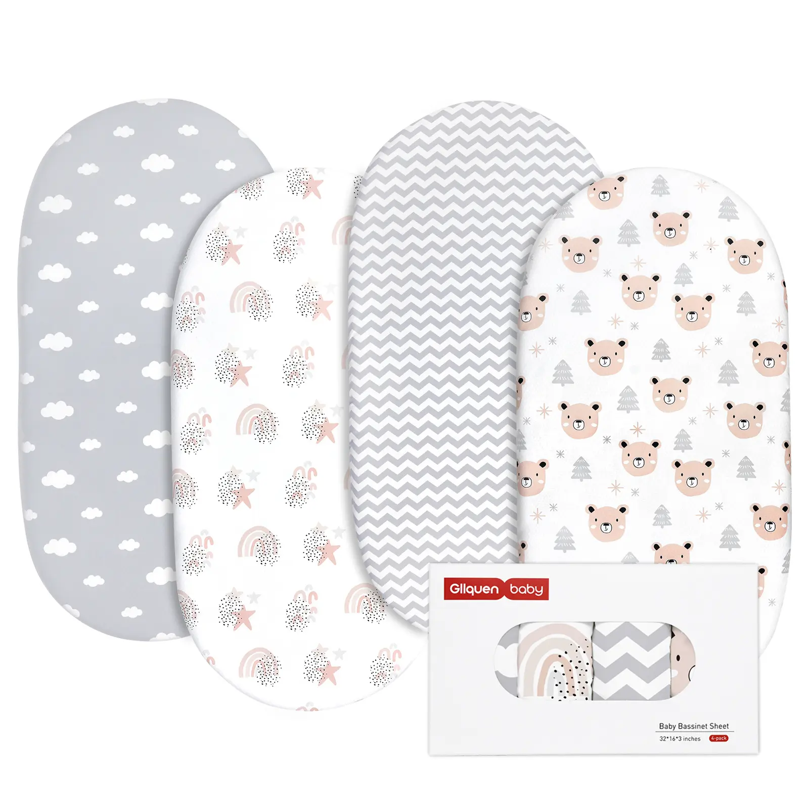 Baby Bassinet Sheets 4 Pack, Breathable Bedding Cozy Fitted Mattress Sheet, Elastic Travel Crib Fashionable Pattern, Standard Cradle Safe Sheets for Baby Boys Girls, Bedside Bassinet Sheets 32"x16"