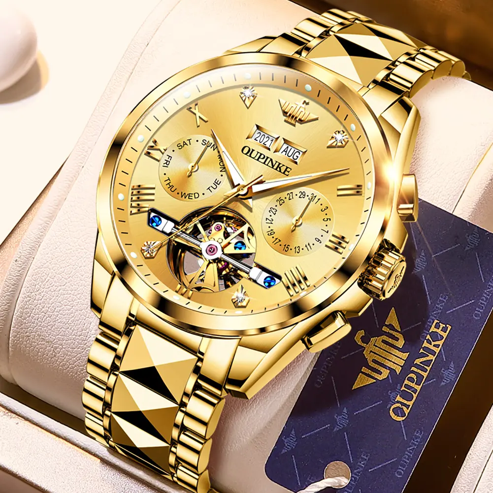 Men's Automatic Watch Gold Luxury Diamond Dress Self-Winding Mechanical Skeleton Tourbillon Stainless Steel Watch