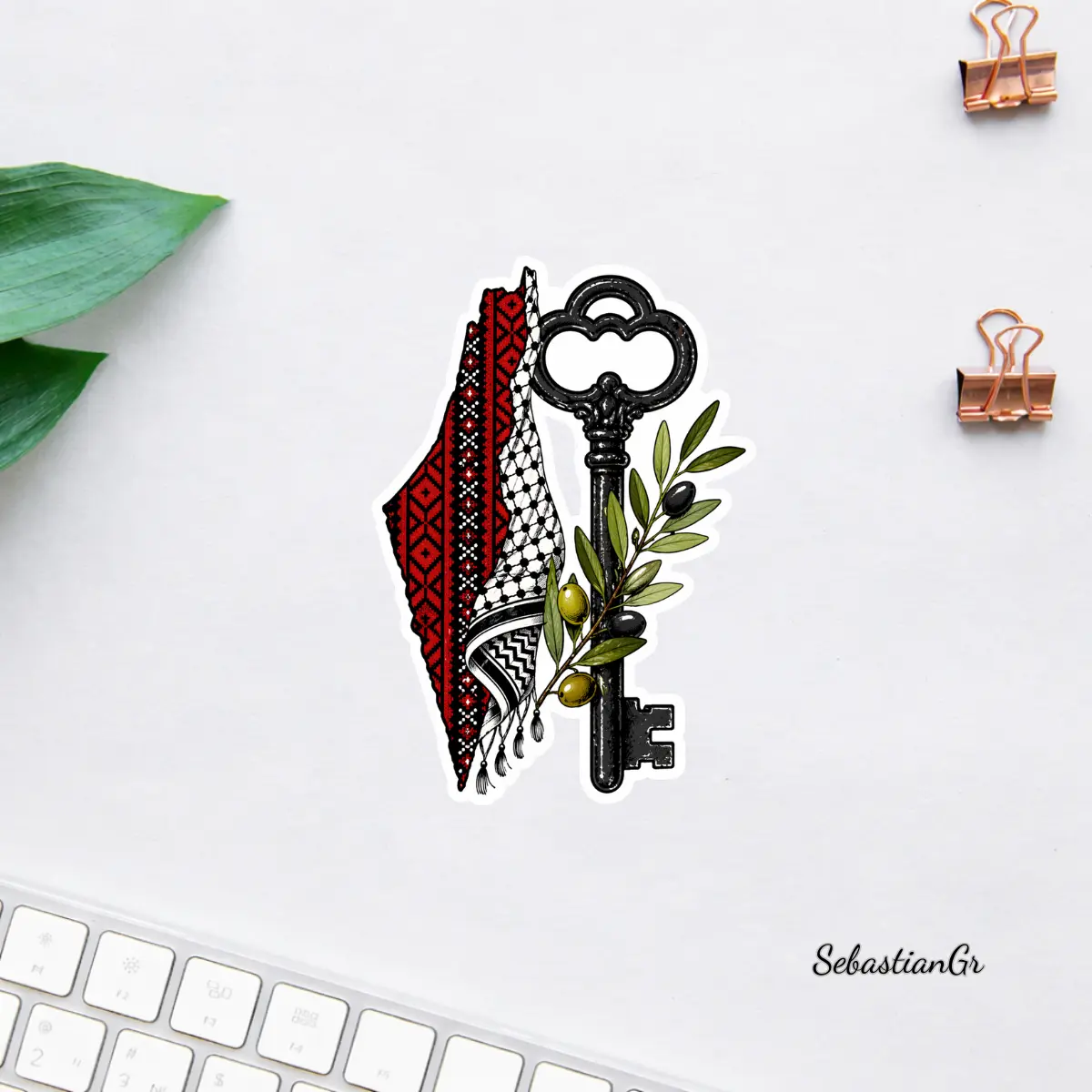Palestine Keffiyeh Map & Key Sticker, Olive Branch Aesthetic Vinyl Decal, Waterproof Laptop Car Sticker