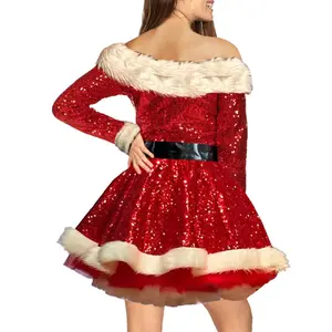 Women Christmas Costume Santa Cosplay Dress Plush Trim Sequins Long Sleeve Off Shoulder A-line Dress Party Costume