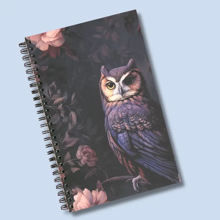 Owl Floral Notebook – Lined Soft Cover | 5.5" x 8.5" | 80 Sheets | Metal O-Ring Bound