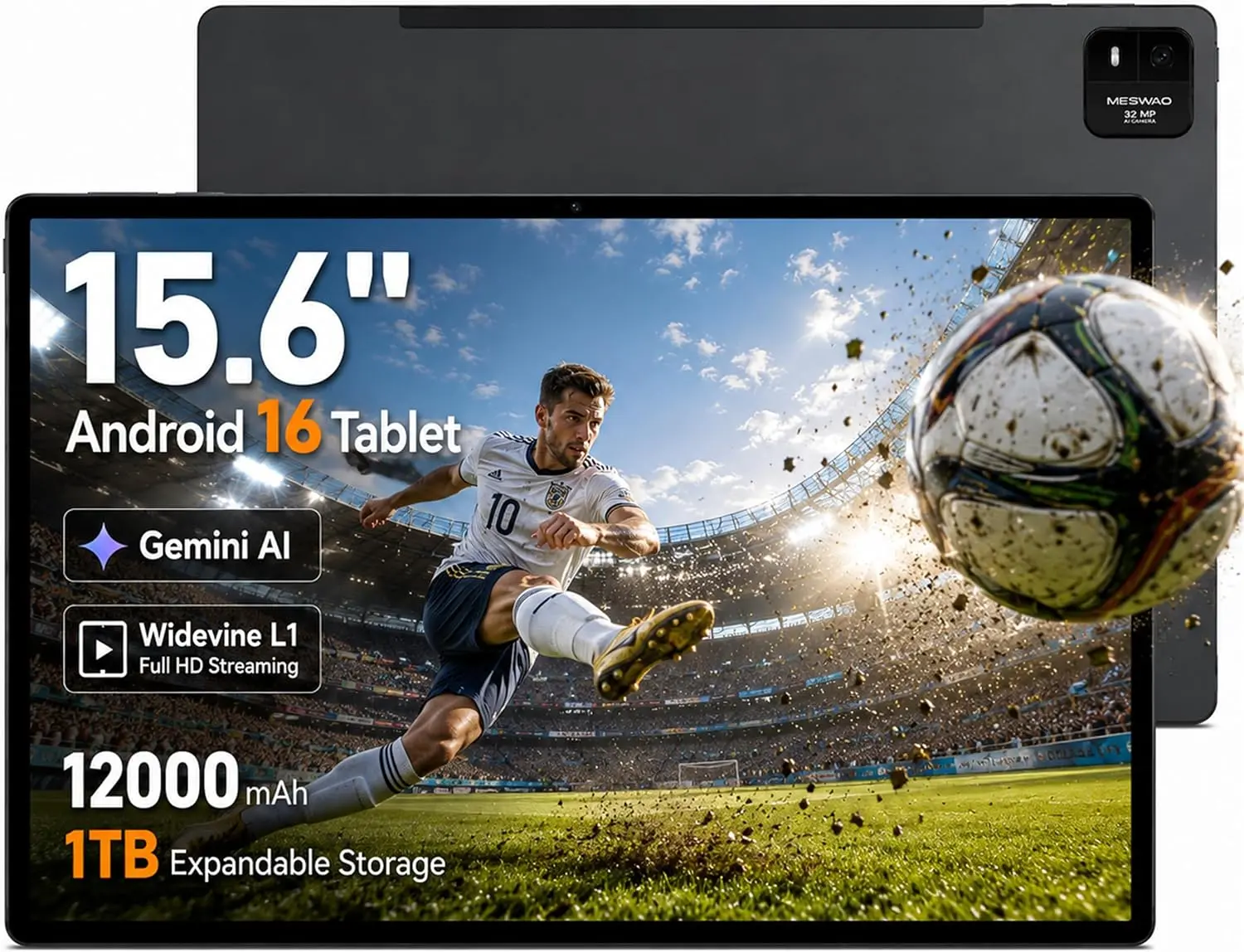 MESWAO B3 Pro 15.6" LCD Tablet with Keyboard, Adapter, Stand & Screen - Android 16, 8GB RAM + 256GB Storage, Octa-Core Helio G99, Widevine L1, 12000mAh Battery, 30W Fast Charging, Streaming & Gaming Capable, Built-In Camera, Games, Wireless, At&T