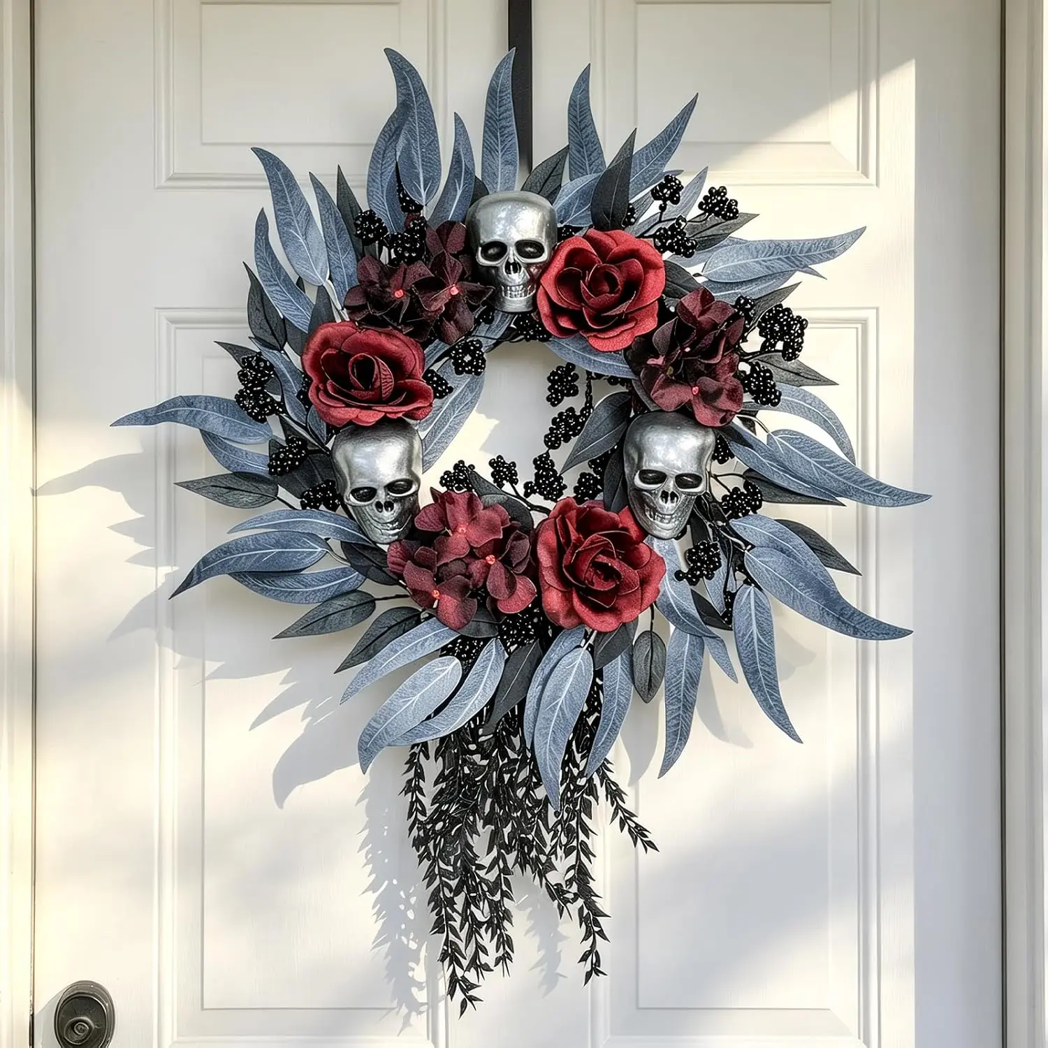 22" Halloween Wreath for Front Door, Gothic Halloween Decor Indoor| Artificial Red Roses and Black Berry with Silver Skulls for Halloween Decor, Gothic Room Decoration