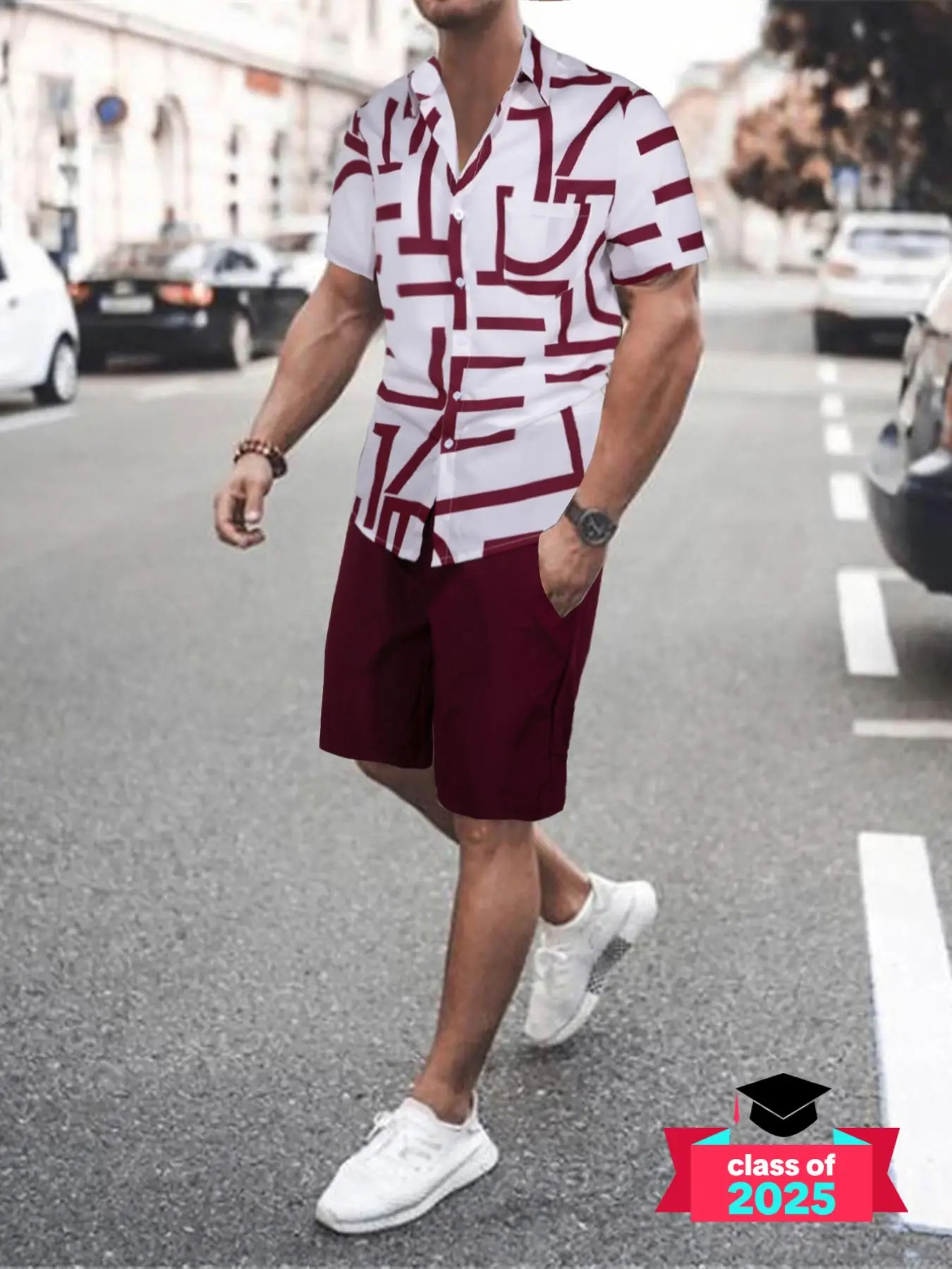 Two-Piece Set Men's Letter Print Drawstring Set, Regular Fit Casual Button Front Shirt & Elastic Waist Pocket Shorts, 2 Piece Outfits Summer Clothes S