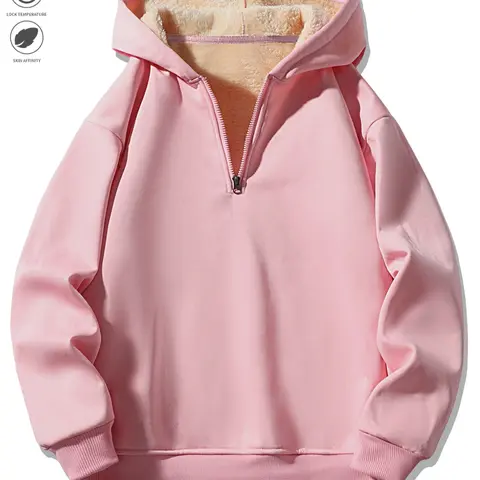Men's Fleece Lined Plain Knit Hoodie Half Zipper Long Sleeve Pullover, Casual Fashion Design, Soft, Comfortable and Stylish, Perfect for Daily Wear, Tops