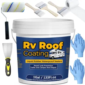 1Gal/133Fl.oz Liquid Rubber Rv Roof Coating White  Sealant Camper Roof Repair Solar Reflective Wooden Brush Putty   Gloves  Roller Drywall Repair Tape