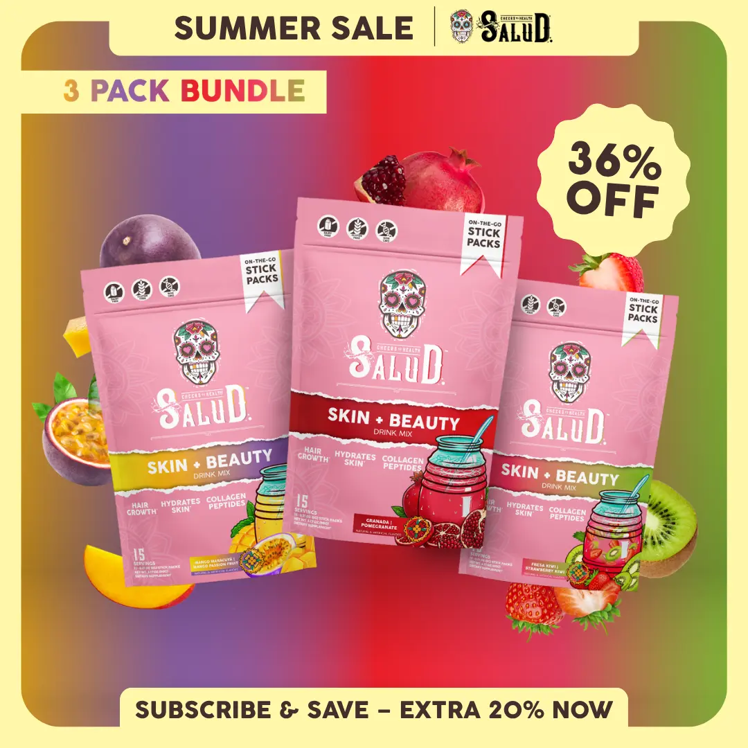 Salud 2-in-1 [Skin + Beauty - Trio] Collagen Peptides Drink Mix with Verisol, Hyaluronic Acid, Vitamin C, Biotin + Lustriva, Beauty Hydration Sticks, Gluten Free, For Men & Women (3-Pack, 45 Servings)