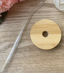 Bamboo Lid with Glass Straw - Ideal for Drinkware, Clear Design, Versatile Use