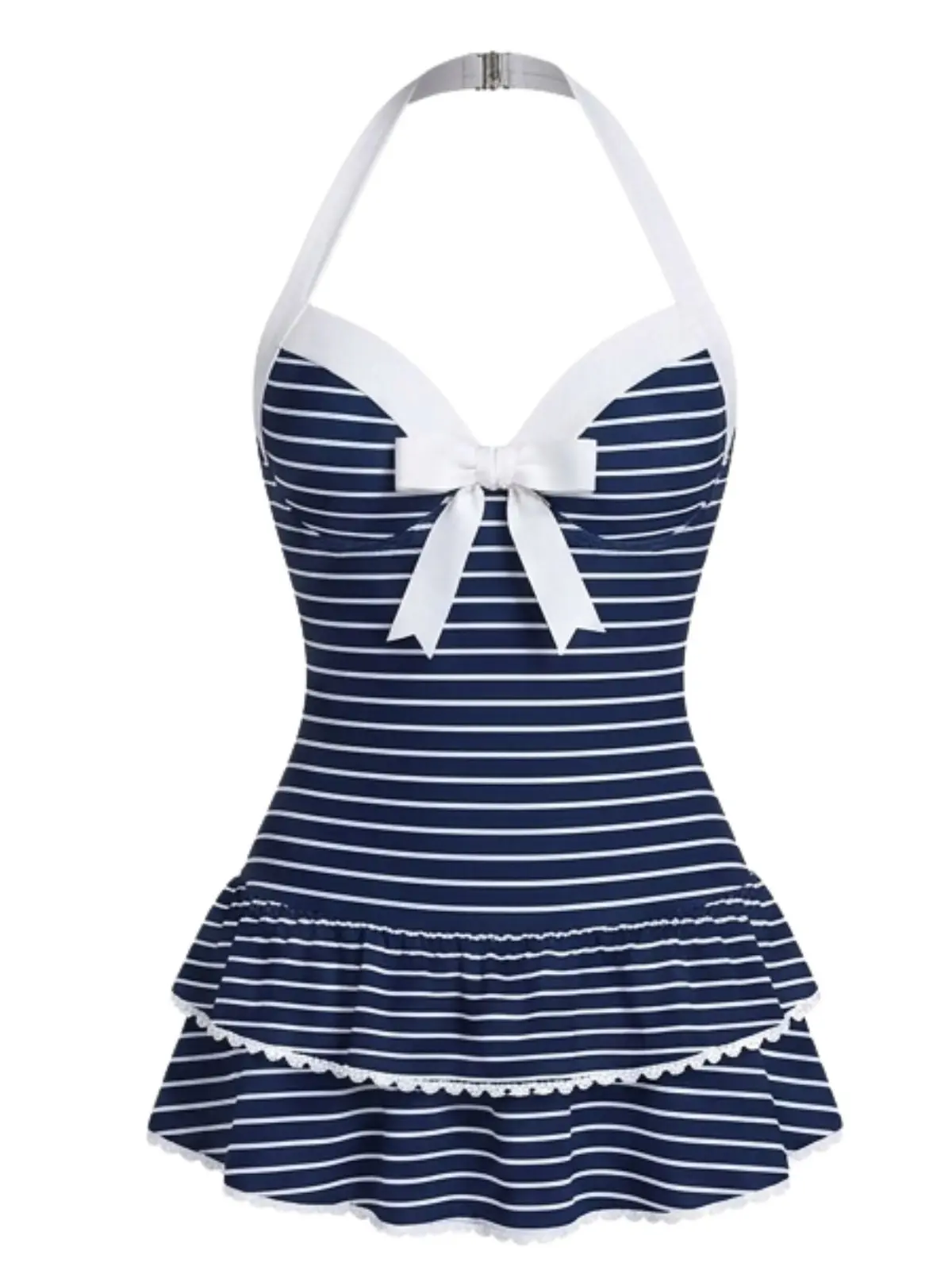 RETRO STAGE Blue Stripe 1940s Vintage Pink Gingham Halter 1-Piece Swimsuit, Polka Dots, Dainty Bow, Ruffled Hem, Backless, Comfortable Fit, Bathing Suit, One Piece Swimsuit,summervibes BackToSchool