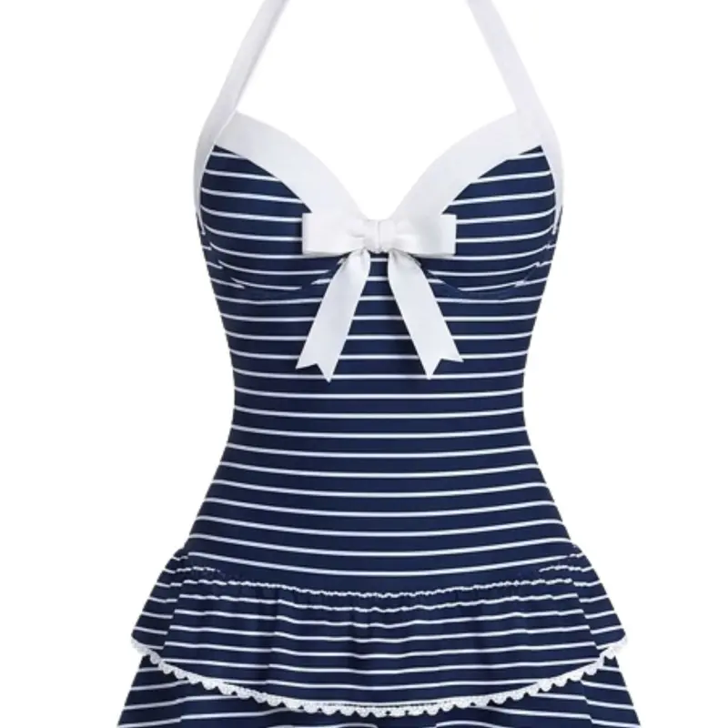RETRO STAGE Women's Halter X-Strap Backless 1-Piece Swimsuit - 1940s Retro Look, Striped, Pink Gingham, Polka Dots, Dainty Bow, Ruffled Hem, Comfortable Fit, No