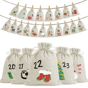 24 PCS Drawstrings Christmas Gift Bags, Xmas Holiday Burlap Gift Bag with Cute Painting, 24 Days Countdown Calendar Burlap Bags Tree