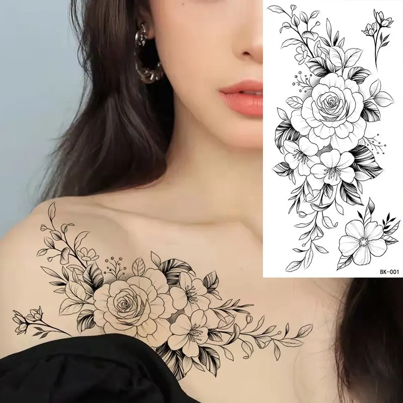 6 Sketch Floral Flower Tattoo Stickers, Rose Tattoos, Temporary Fake Tattoo, Daily Use Party Decorations, Perfect Gift for Friends Family