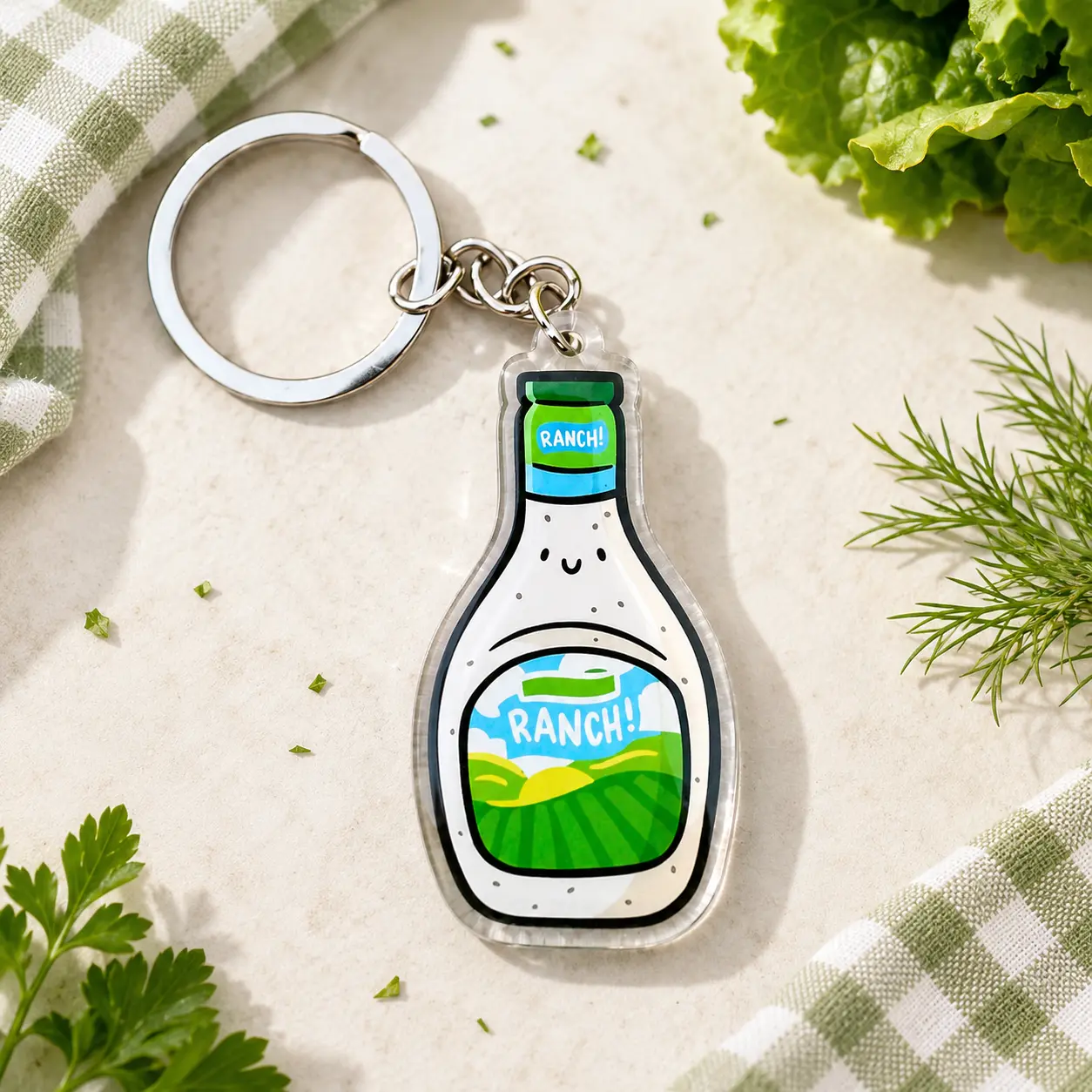 Acrylic Ranch Dressing Bottle Keychain - Foodie Humor Illustrated Charm For Backpacks and Bags