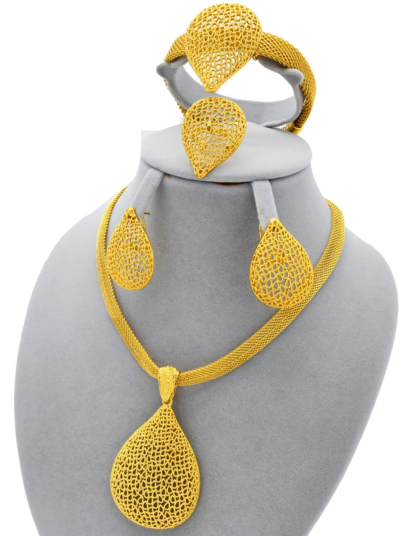 4-Piece Women's Dubai Costume Jewelry Set, Hollow Water Drop Design, Arabic Style Necklace Bracelet Ring Earrings, Party Accessories, Accessory Set, Gift