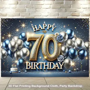 2D Flat, 1pc 70th Birthday Party Backdrop - Elegant Golden & Blue Balloon Design with "Happy 70th Birthday" Text, Polyester Fabric Wall Hanging for Living Room, Bedroom, Office, or Party Decor, No Electricity Needed, Birthday Party Decorations, Festive
