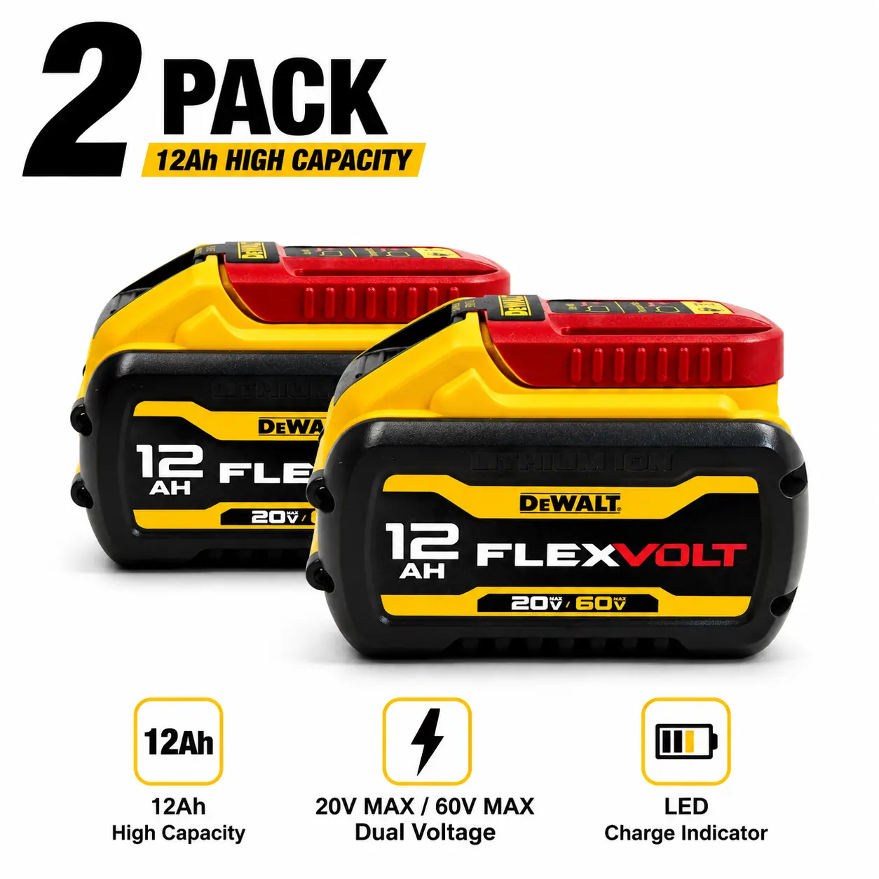 FLEXVOLT 12Ah Battery, 20V MAX & 60V MAX Compatible Lithium Ion Battery Pack, High Capacity Rechargeable Battery with LED Charge Indicator for DEWALT Cordless Tools