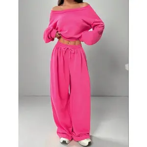 Women's Casual Plain Sweatshirt One-Shoulder off Shoulder Loose Knit Short Top Long Sleeve Set, Fashionable Ladies Clothing