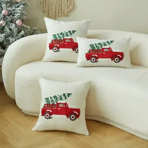 Christmas Themed Linen Fabric Embroidered Car & Tree Pillow Cover, Fits Bedroom Living Room Sofa Bed Headboard Cushion, 1 Piece