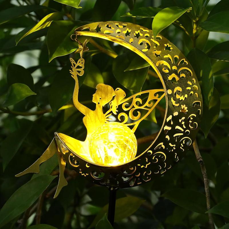 Solar Garden Statues Outdoor Decor Fairy Moon Figurine Light Stake, Housewarming Ornament for Patio, Lawn, Yard, Pathway, Unique Gift Ideas for Gardening Mom Grandma