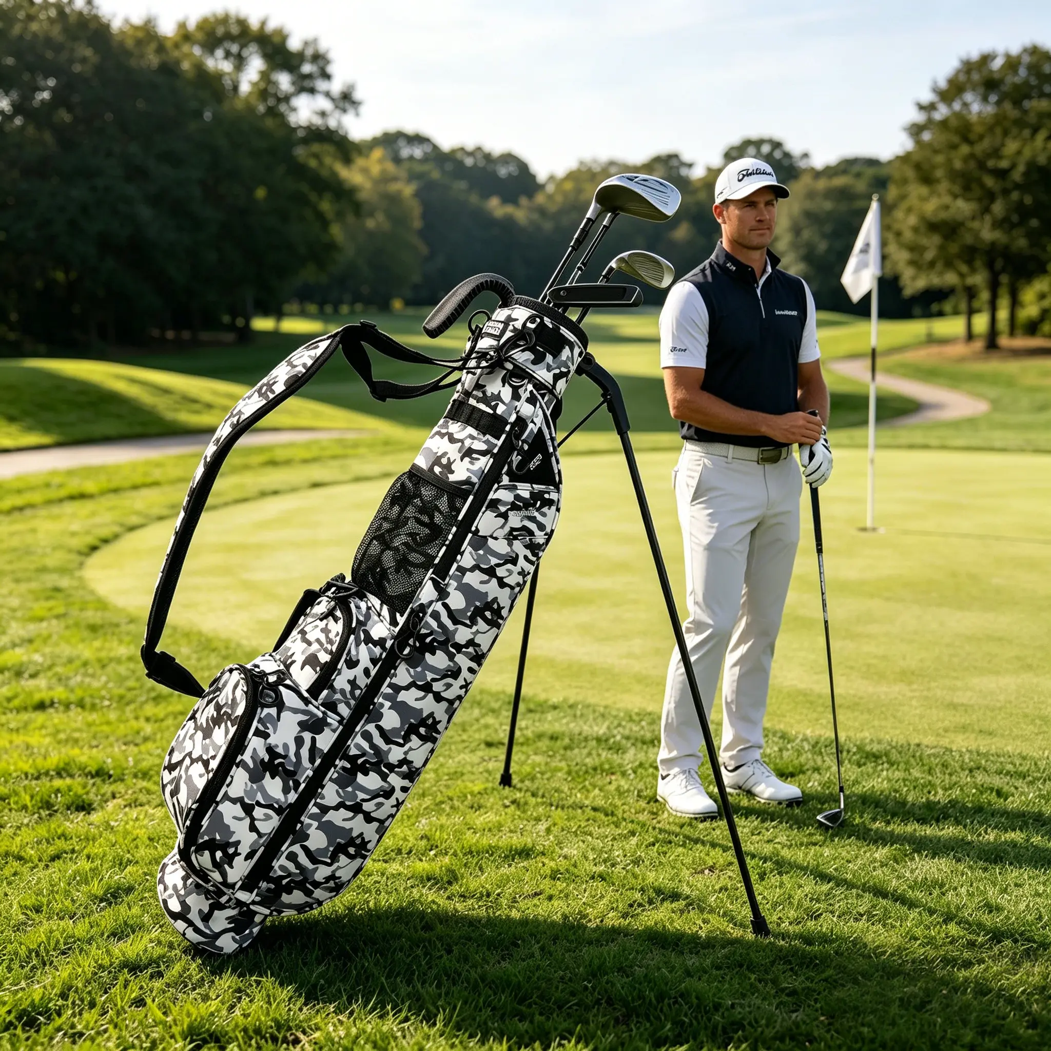 Lightweight Golf Stand Bag with 2-Way Divider, Cooler Pocket, Holds 5-6 Clubs for Driving Range, Par 3 Courses, Golf Accessories Supply (Camo)