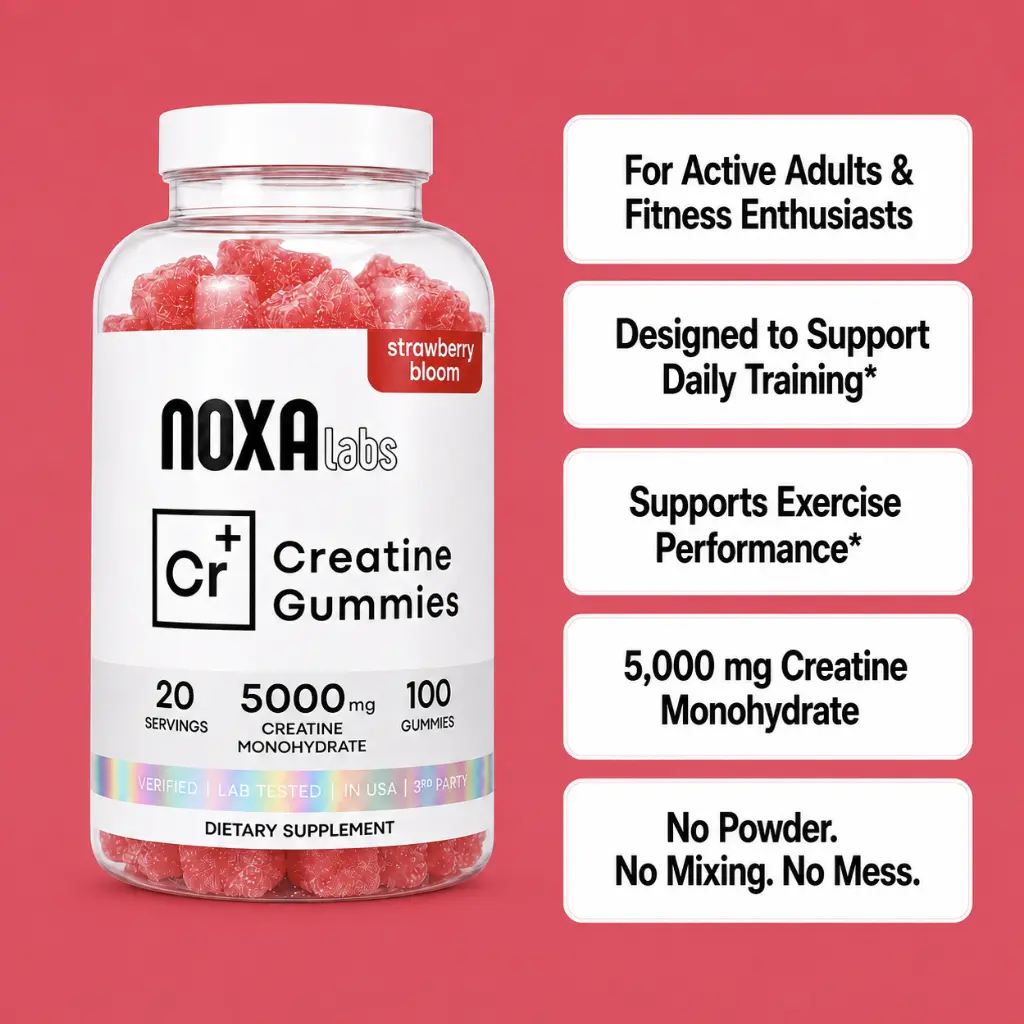 Strawberry Bloom Fruit Flavored Vegan-Friendly Creatine Monohydrate Chewable Gummies, 100g Lab-Tested Dietary Supplement for Strength & Performance Boost, No Mixing or Mess, Creatinine Monohydrate