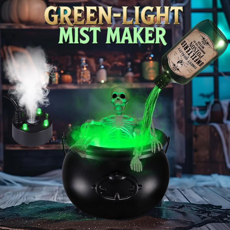 Halloween indoor decoration, magical cauldron floating potion bottle set with diffuser, black plastic witch bowl, fantasy-style party decoration, spooky vintage-style home kitchen dining table ornament, funny light