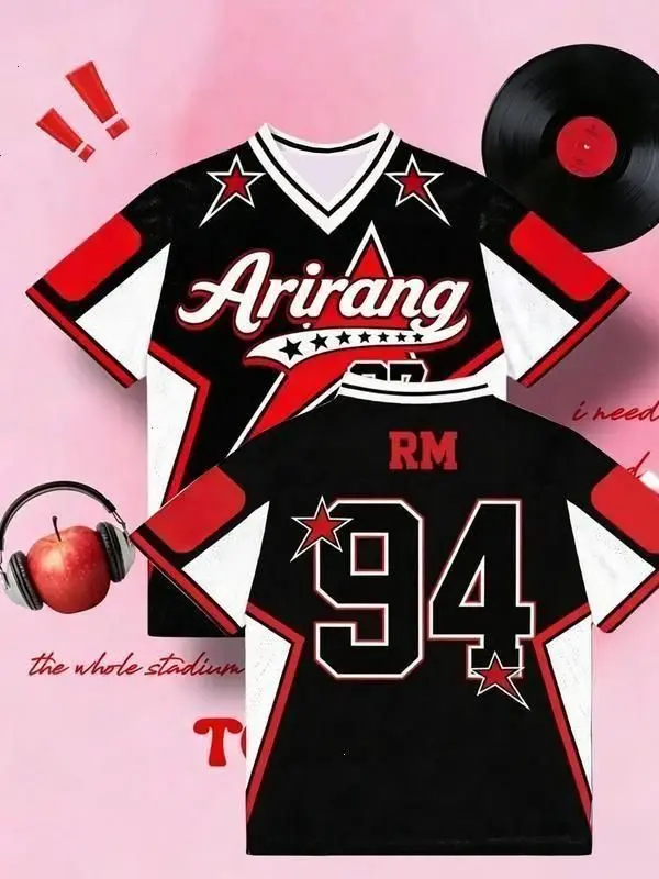 {Deal Today} Arirang 94 Star Print Jersey Tee, KPop Inspired Oversized V-Neck Shirt, Breathable Streetwear Top