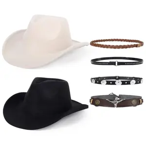 2 Pack Western Cowboy Hats for Women and Men Classic Felt Wide Brim Costume Cow Boy Hat Roll Up Brim Cowgirl Hat