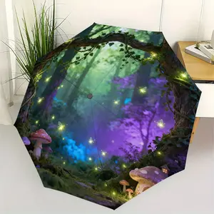 Fantasy Forest Automatic Umbrella, Lightweight Retractable Travel Umbrella, Fluorescent Mushroom Pattern, Windproof 8 Ribs, Unisex