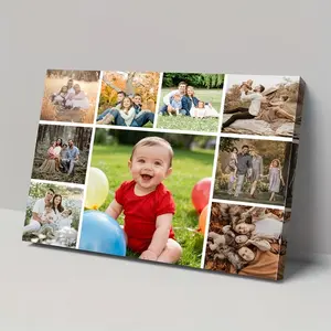 2D Flat, 1pc Custom Photo Collage Frame Canvas Poster Personalized Wall Art With Wooden Frame, Upload Your Family Photos Couples Music Parents Young People Photos, Modern Minimalist Home Decor, Durable Denim Fabric Halloween Christmas Gifts