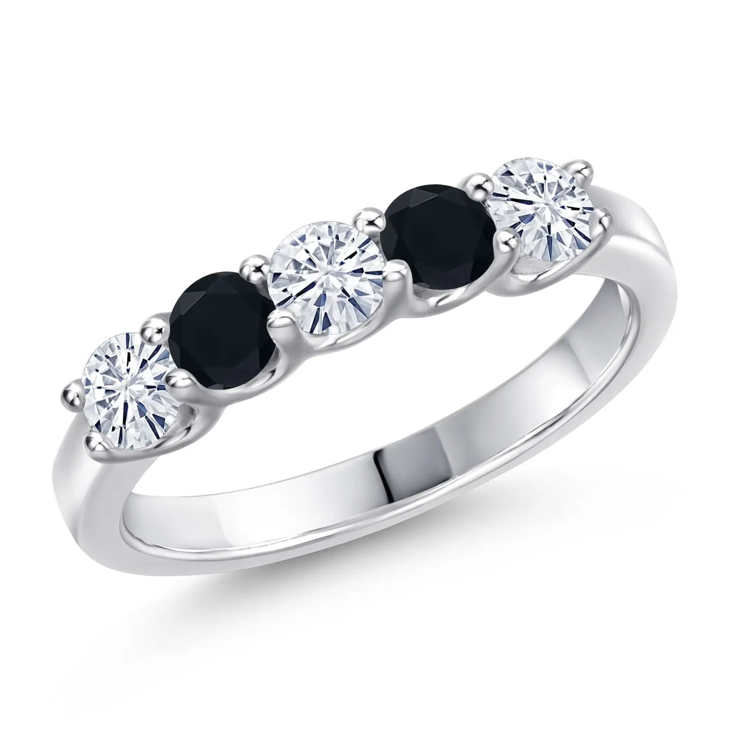 0.74 Cttw White Moissanite and Black Onyx Wedding-Bands Ring For Women | 925 Sterling Silver  | Round 3.5MM | Gemstone Birthstone | Wedding Engagement Anniversary Ring