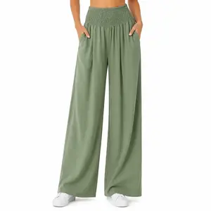 Women's High Waisted Linen Pants, Drawstring Elastic Waist Wide Leg Casual Trousers, Flowy Lightweight Beach Lounge Pants with Side Pockets Bottom