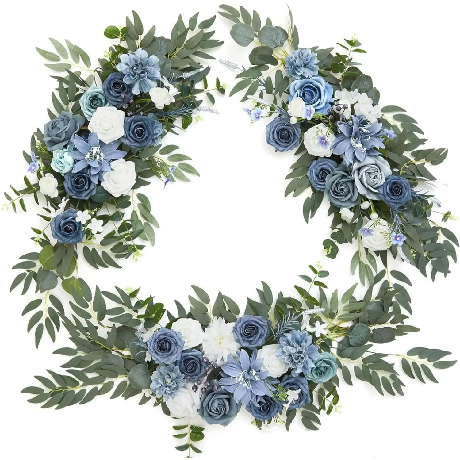 3-Piece Artificial Flower Decorations Faux Floral Arrangements Set - UV-Resistant Synthetic Blue Rose Drama, Full Eucalyptus, Dusty Miller Faux Flower Wreath Bundle for Home & Wedding Hanging Centerpieces